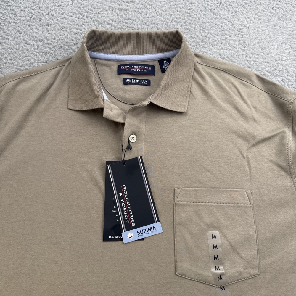 Roundtree & Yorke Polo Shirt Mens M Tan Solid Supima Cotton Pocket Short Slv